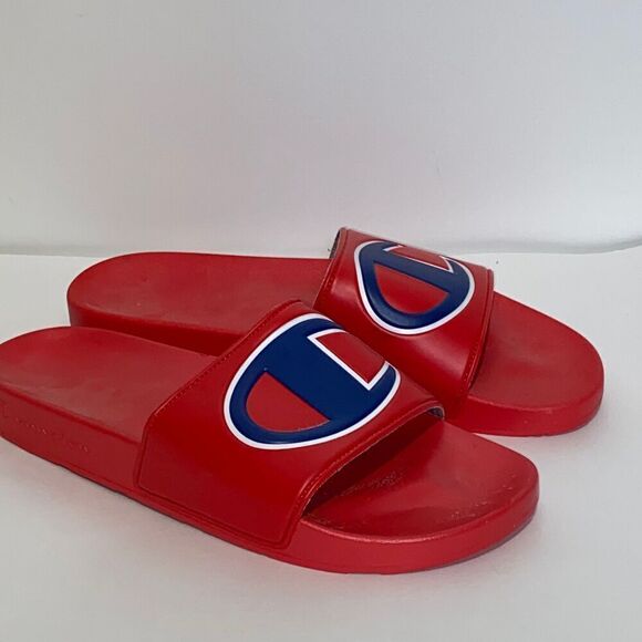 Champion Men's Red Blue IPO Logo One Strap Slide Sandals Size 13 - Picture 2 of 11